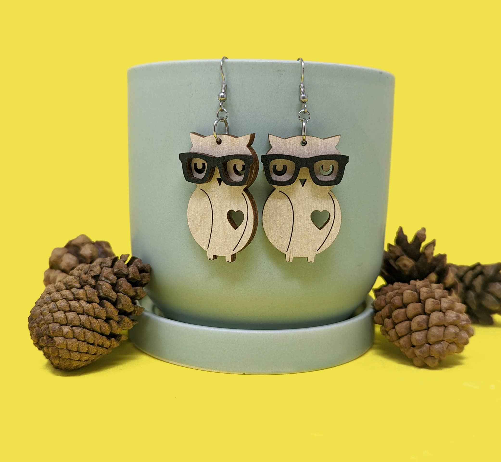 Nerd Owl Dangle Fun Wood Earrings