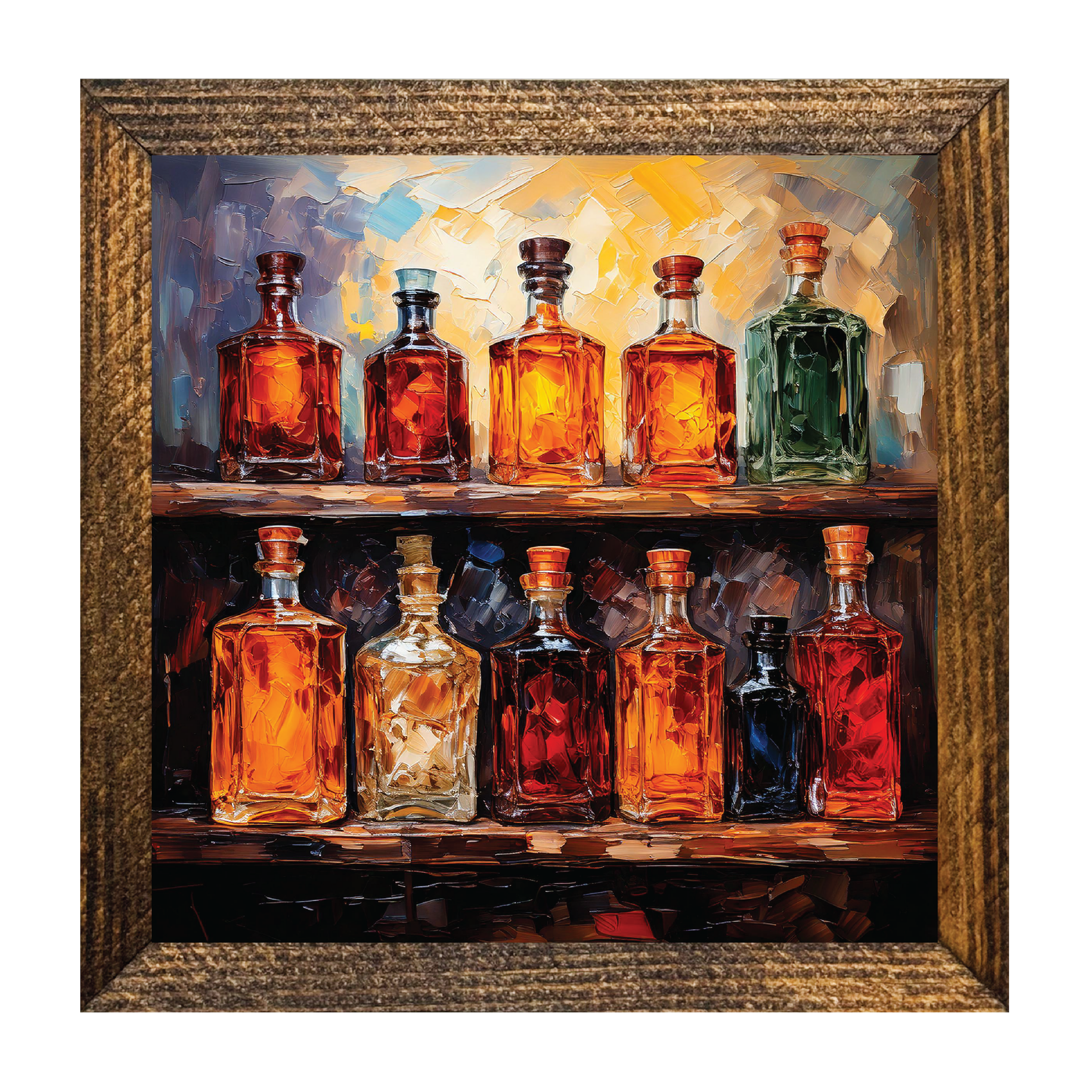 WHISKEY BOTTLES ON SHELF: 9