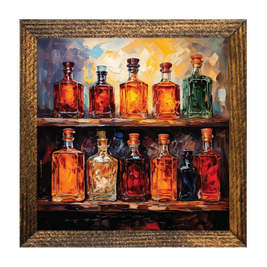 WHISKEY BOTTLES ON SHELF: 9