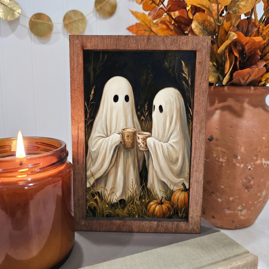4x6 Wood Block Sign Art- Latte Coffee Ghosts Fall Halloween