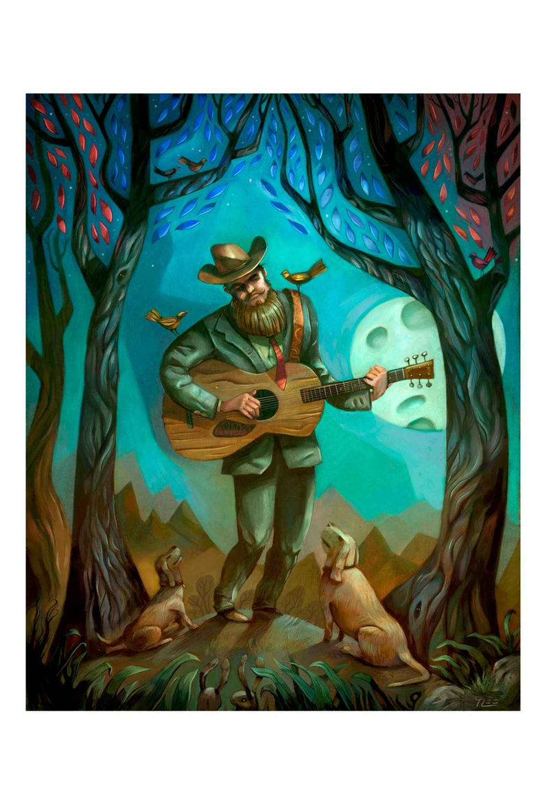 Midnight Moonlight, guitar player, dogs art print