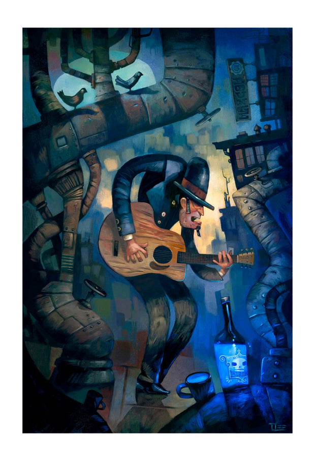 Blue Night, guitar player, art print, acoustic