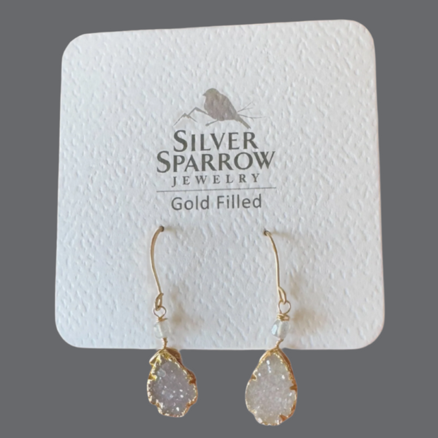 White druzy gold drop earrings