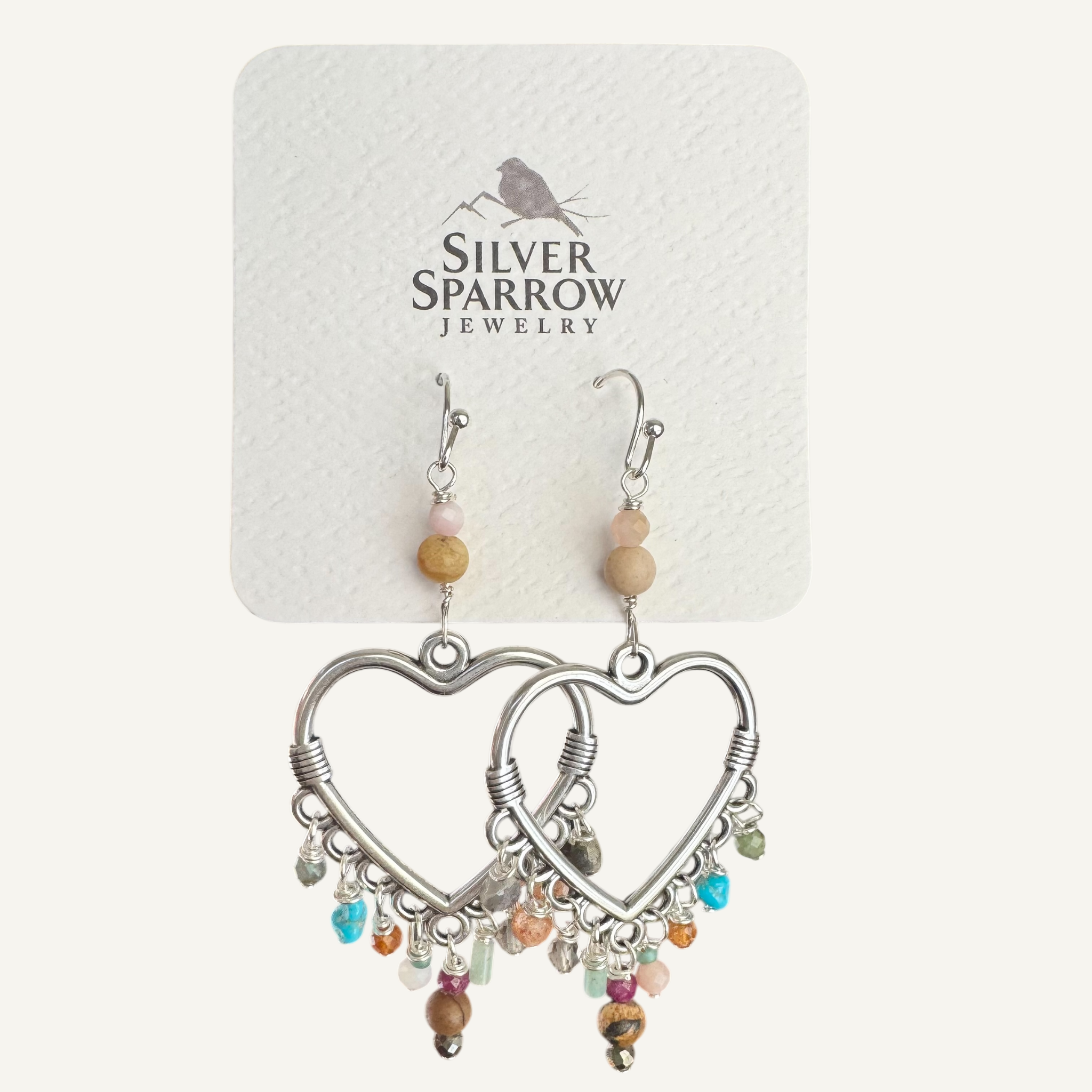 Heart chandelier earrings with mixed stones