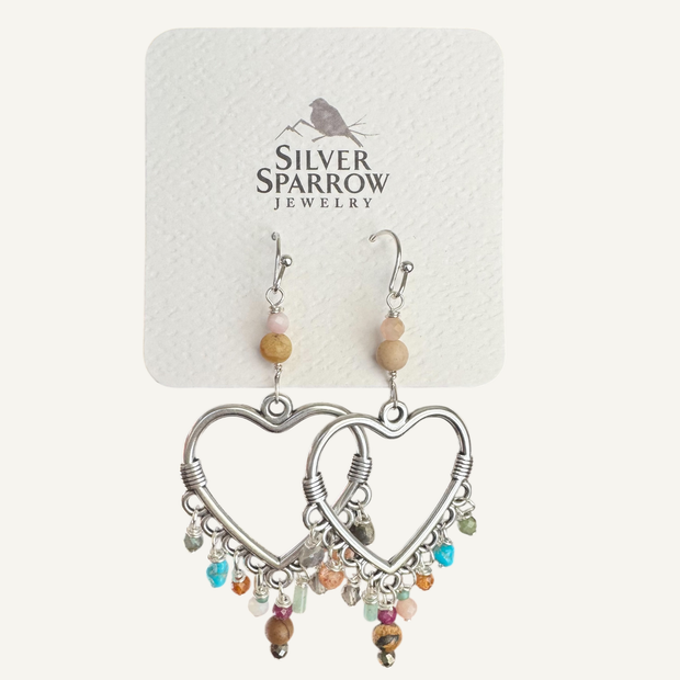 Heart chandelier earrings with mixed stones