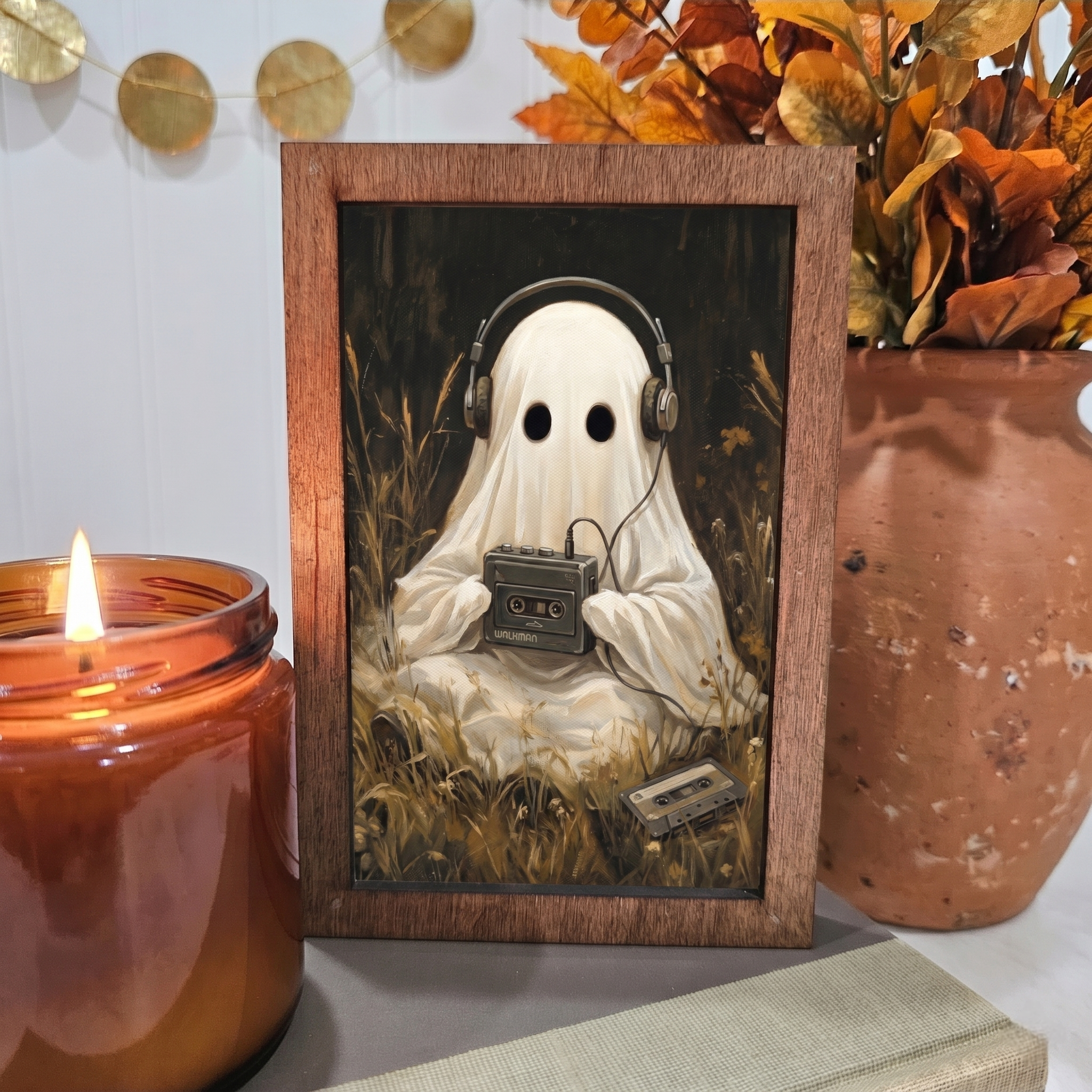4x6 Wood Block Sign Art- Ghost Listening to Music Halloween