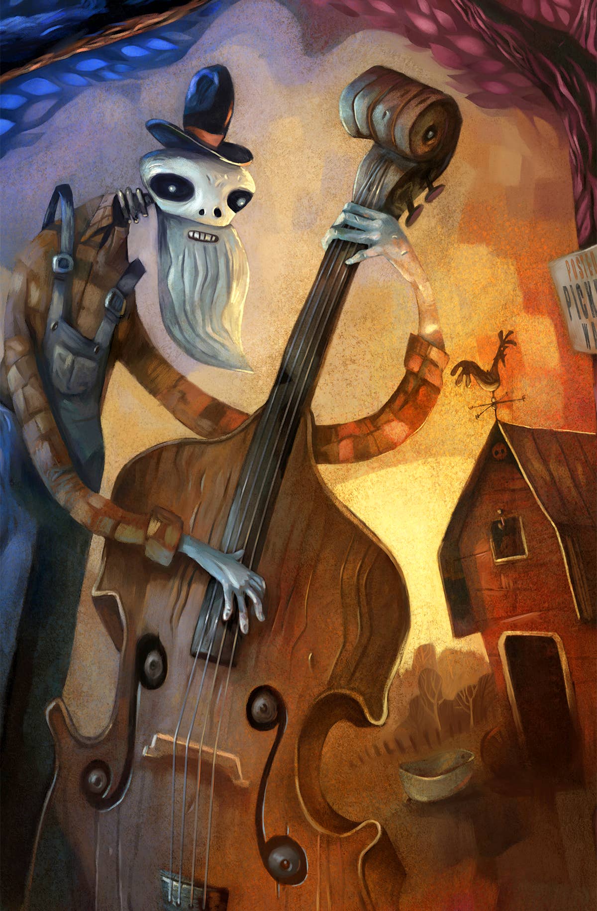 Done Gone, bass playing skeleton, art print