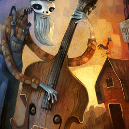 Done Gone, bass playing skeleton, art print