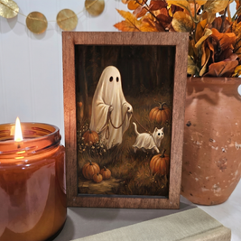 4x6 Wood Block Sign Art- Ghost Walking Ghost Cat Halloween