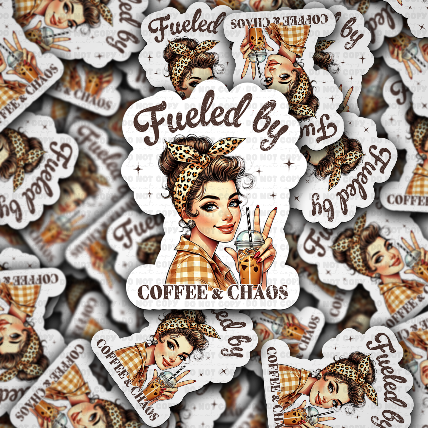 DC 1658 - Fueled by coffee and chaos messy bun Die Cut Sticker