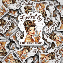 DC 1658 - Fueled by coffee and chaos messy bun Die Cut Sticker