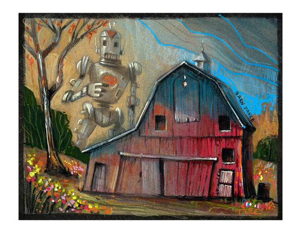 Barn Dance, art print, robot, barn, farm, rural