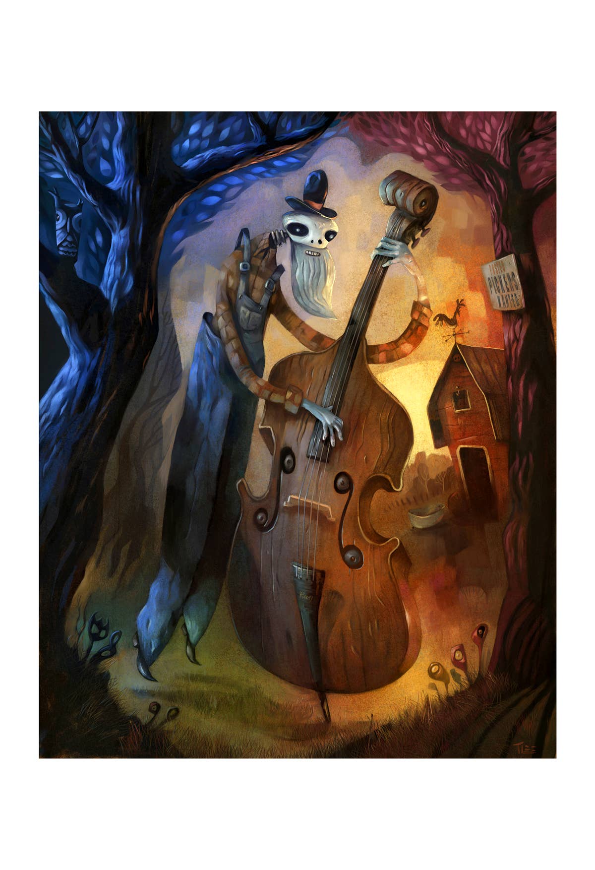 Done Gone, bass playing skeleton, art print