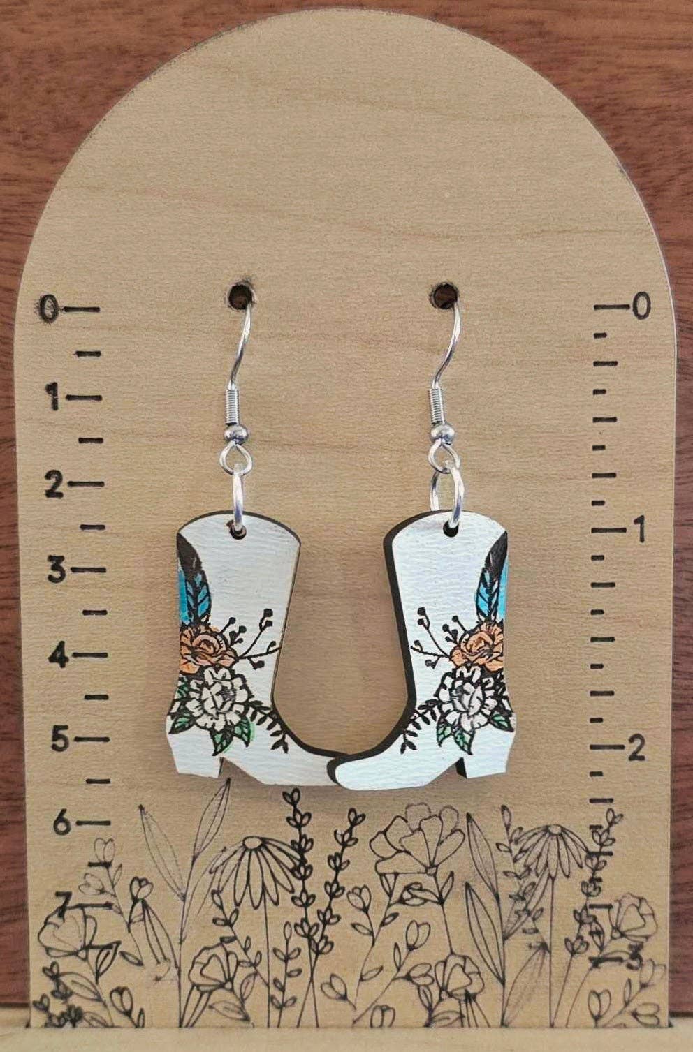 Floral cowboy boot dangle earrings