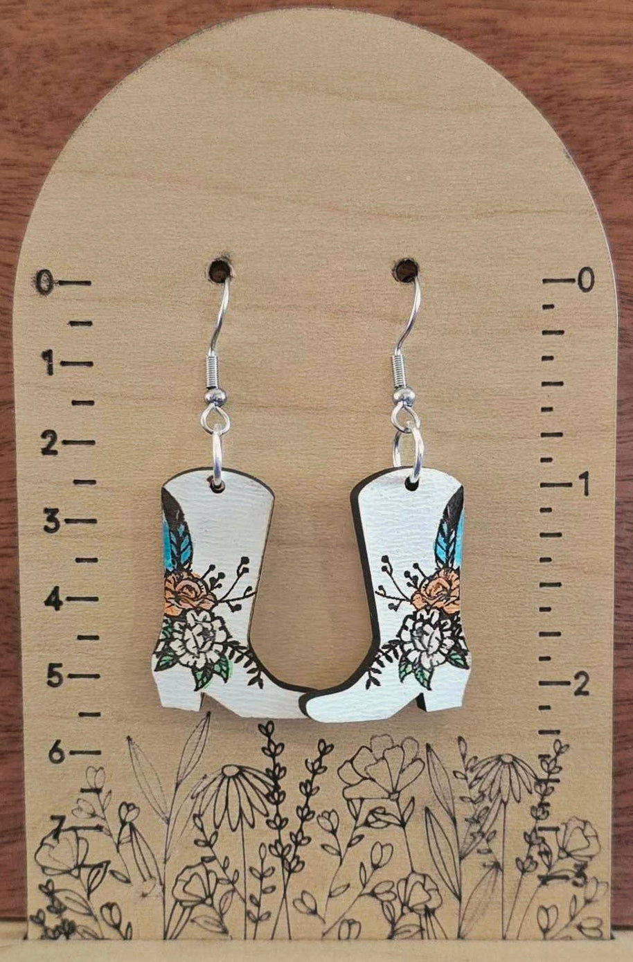 Floral cowboy boot dangle earrings