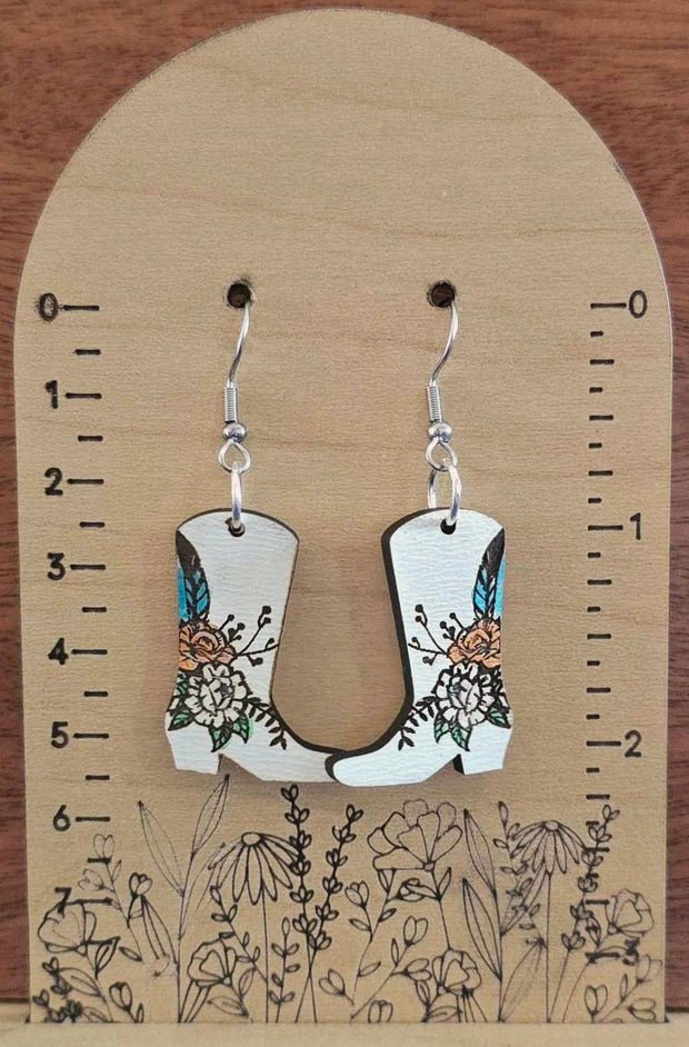 Floral cowboy boot dangle earrings
