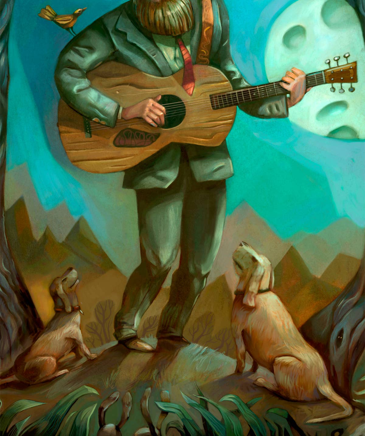 Midnight Moonlight, guitar player, dogs art print