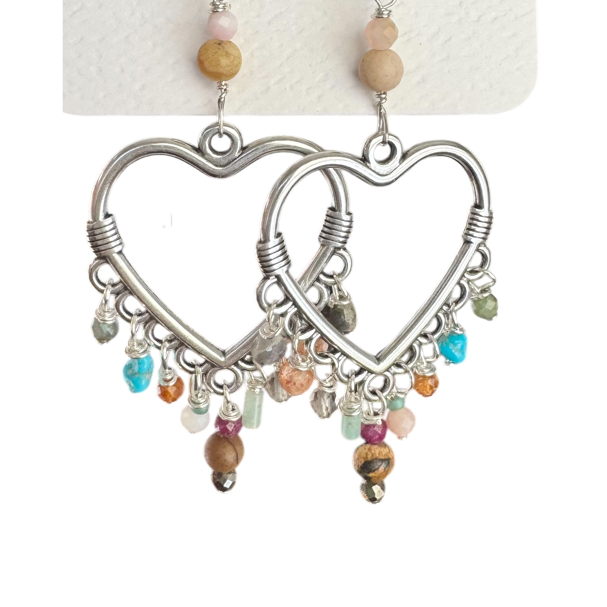 Heart chandelier earrings with mixed stones