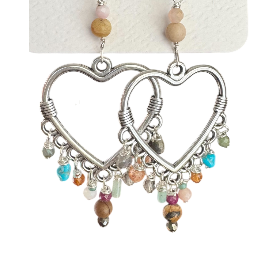 Heart chandelier earrings with mixed stones