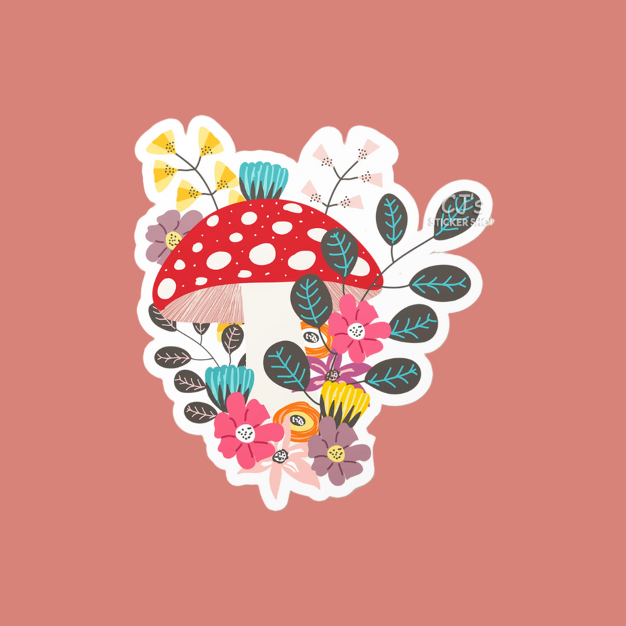 Mushroom and Flowers Sticker: 3" Vinyl Decal