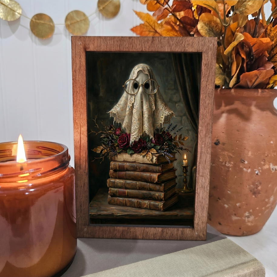 4x6 Wood Block Sign Art- Lace Ghost Glasses Books Halloween
