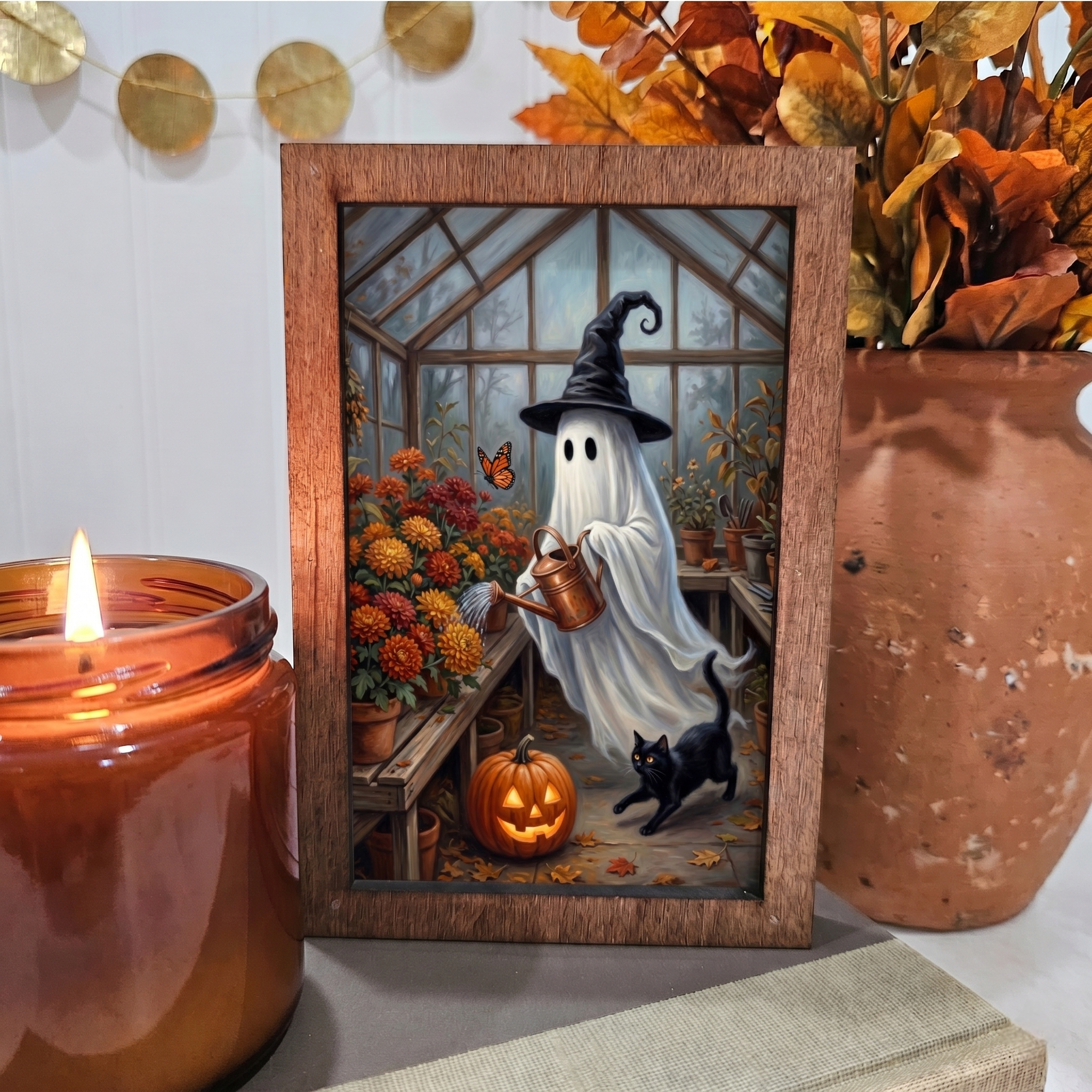 4x6 Wood Block Sign Art- Spooky Ghost Greenhouse Halloween