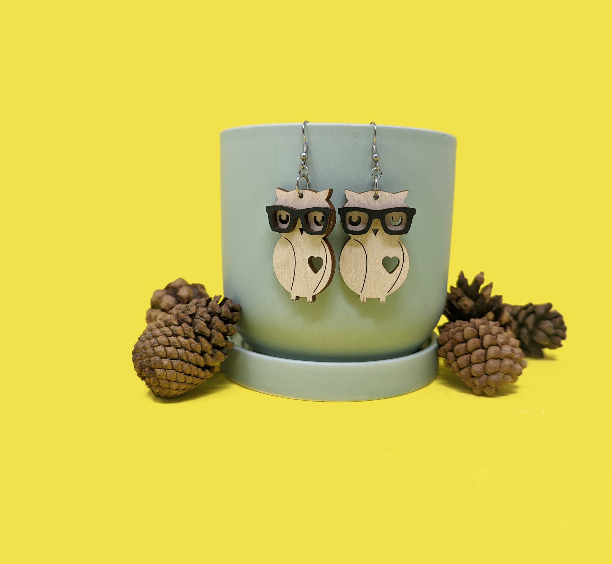 Nerd Owl Dangle Fun Wood Earrings