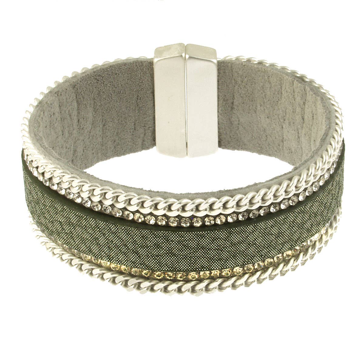 Origin Jewelry - Silver chain with Green vegan leather and Crystal Bracelet