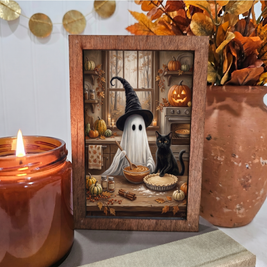 4x6 Wood Block Sign Art- Ghost and Cat Baking Pies Halloween