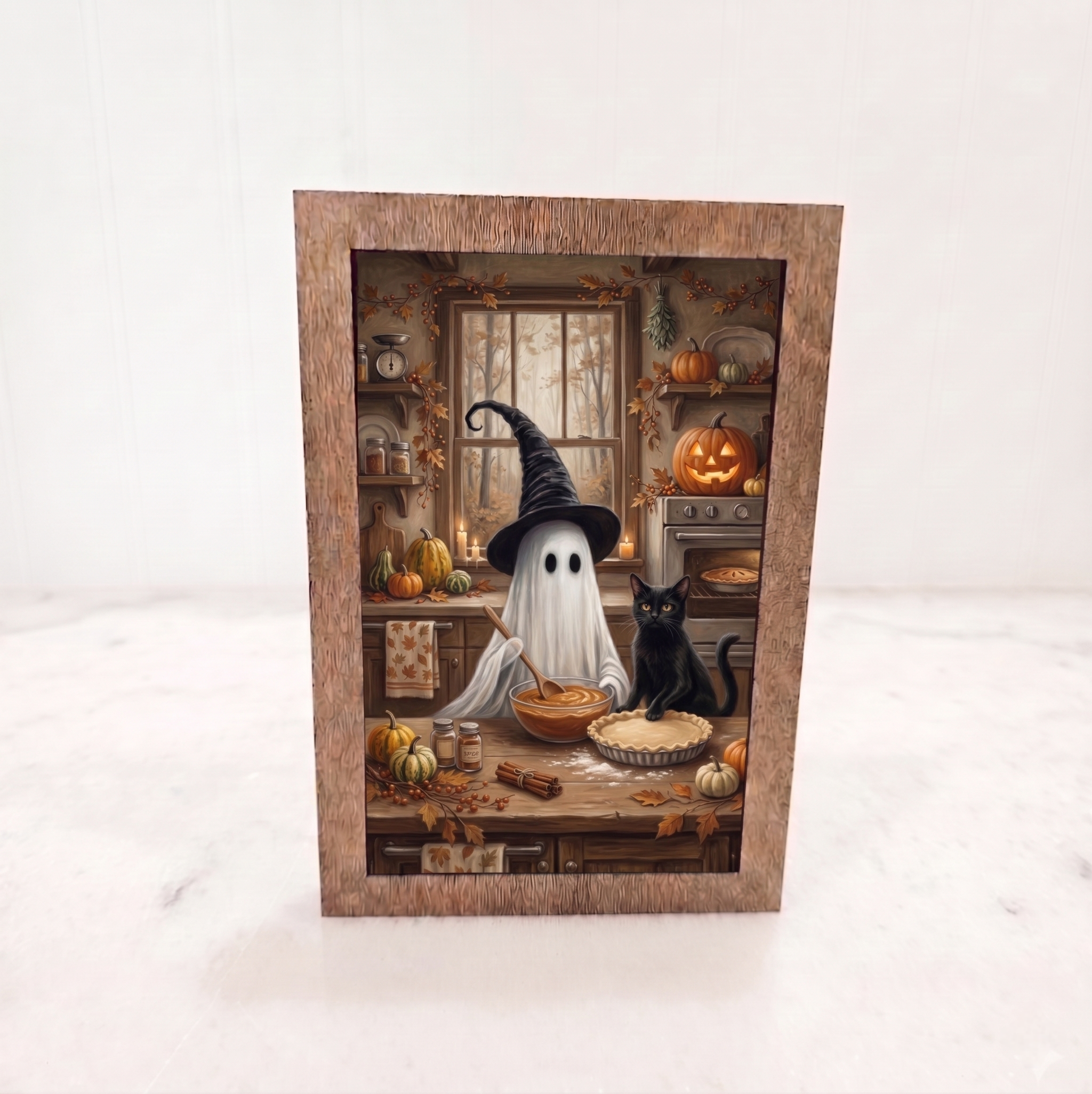 4x6 Wood Block Sign Art- Ghost and Cat Baking Pies Halloween