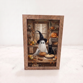 4x6 Wood Block Sign Art- Ghost and Cat Baking Pies Halloween