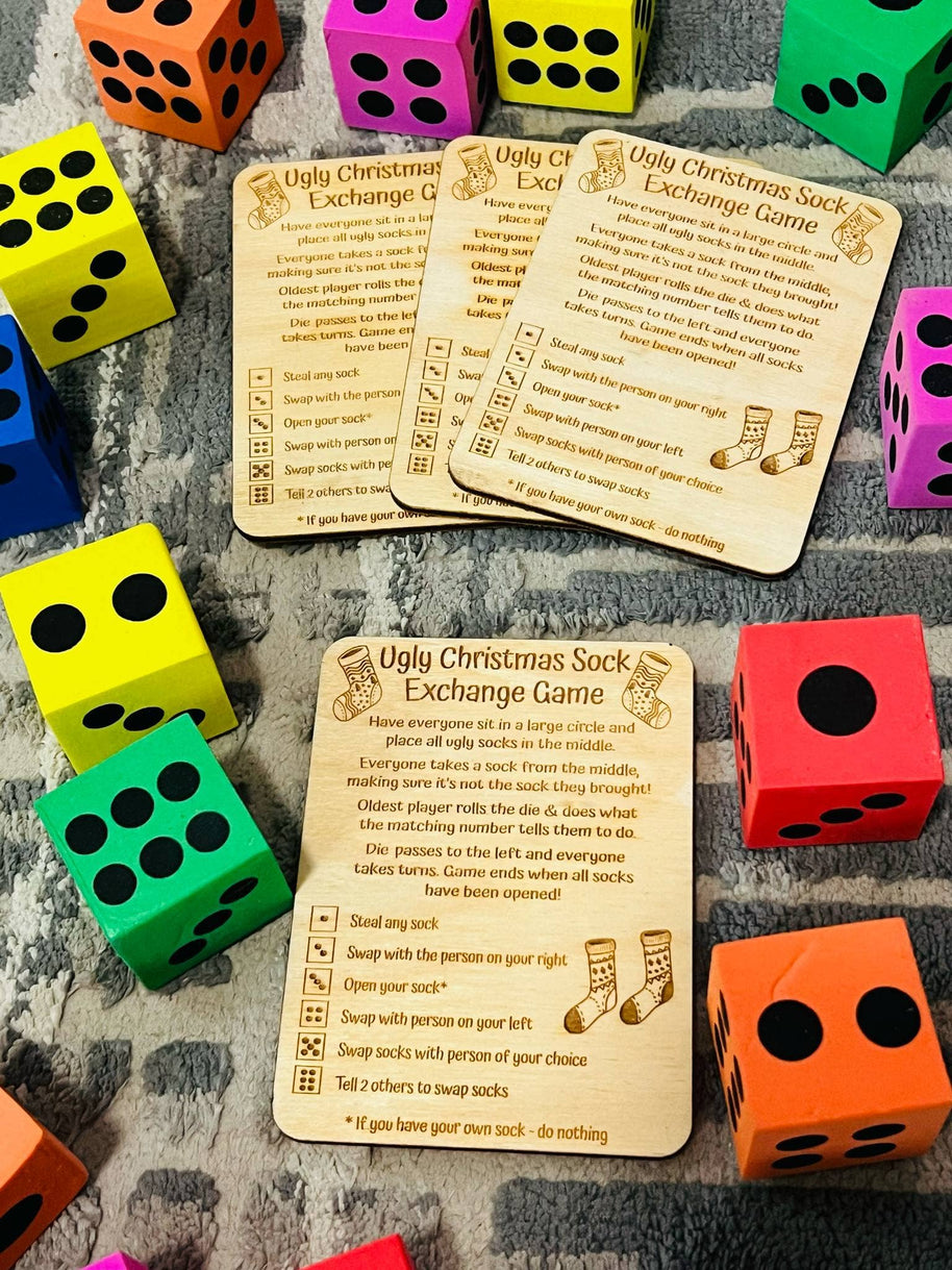 Ugly Christmas Socks w/Dice | Eco Friendly Wooden Game Card