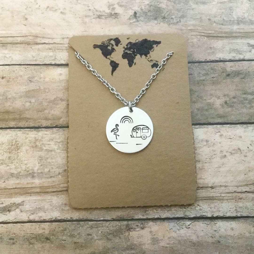 Happy camper trailer circular pendant