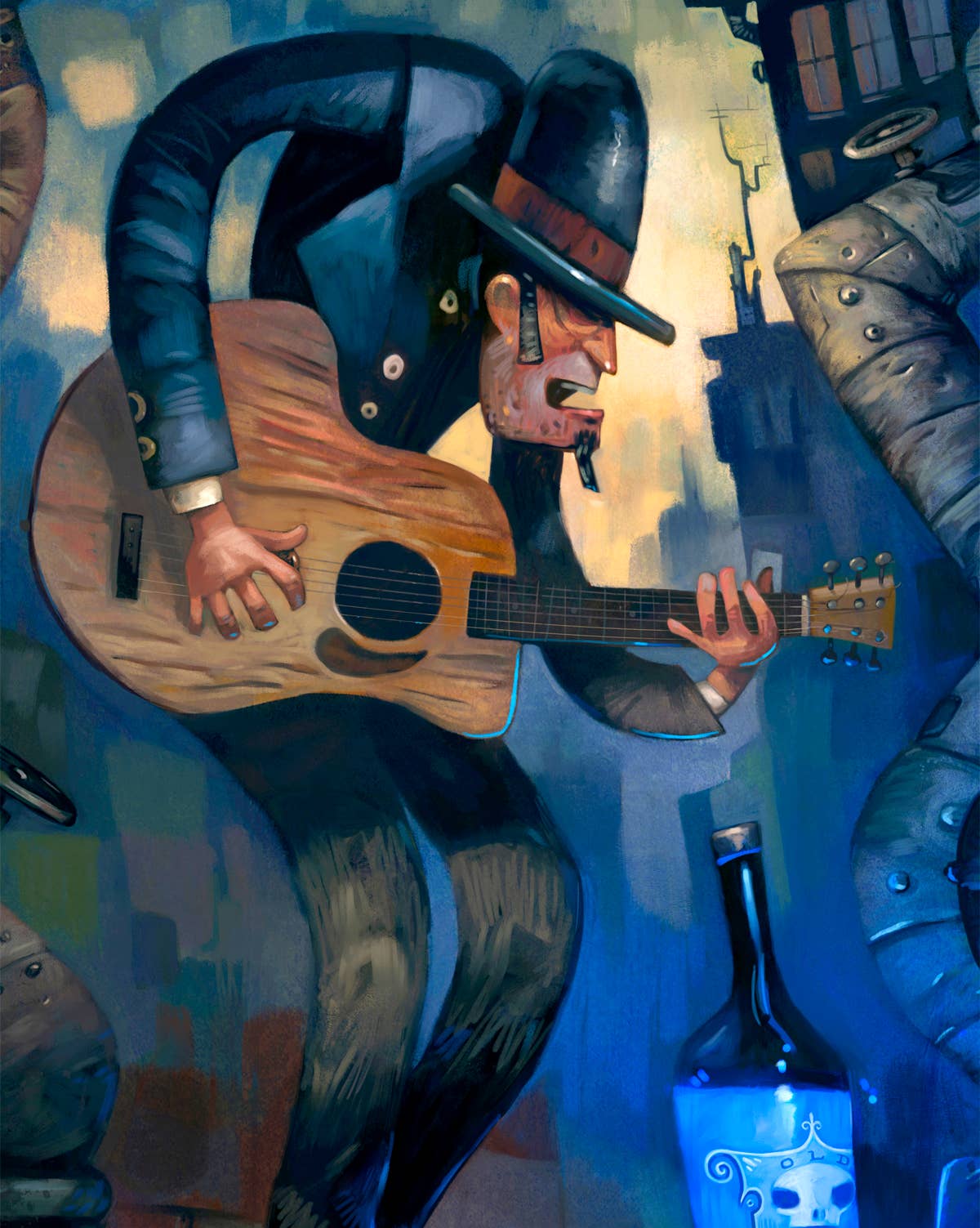 Blue Night, guitar player, art print, acoustic