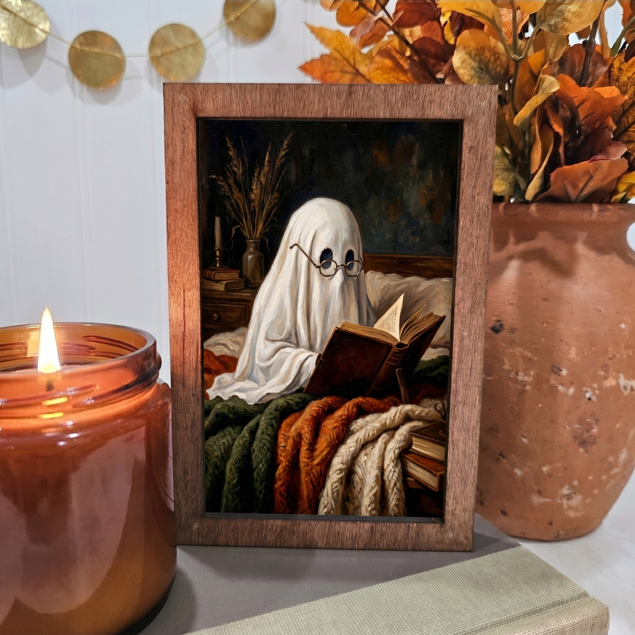4x6 Wood Block Sign Art- Ghost Reading in Bed Fall Halloween