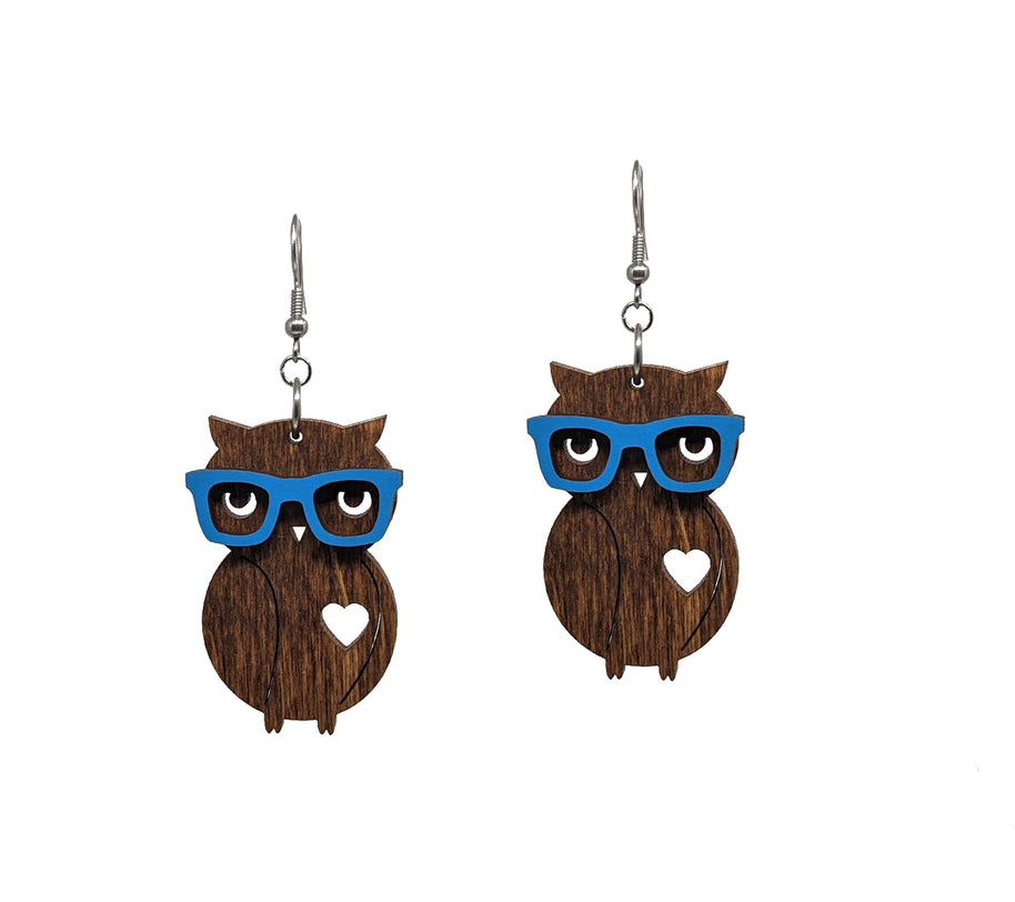 Nerd Owl Dangle Fun Wood Earrings