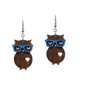 Nerd Owl Dangle Fun Wood Earrings